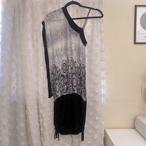 Monaco USA 90s Y2K Vintage Gray White Black One Shoulder Knit Mini Dress